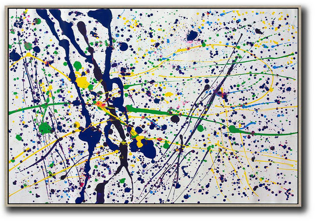 Oversized Horizontal Contemporary Art,Extra Large Paintings,White,Dark Blue,Yellow,Green